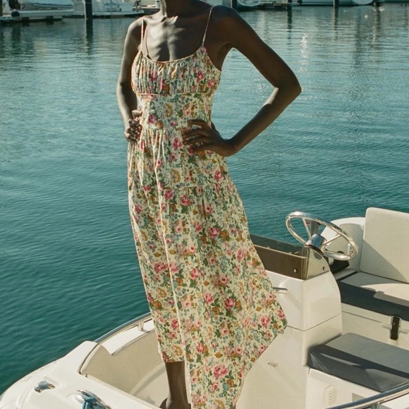 NWT Doen Benoit Cotton Ruched A Line Tiered Midi Maxi Dress Liberty Rose Romance - Picture 2 of 16